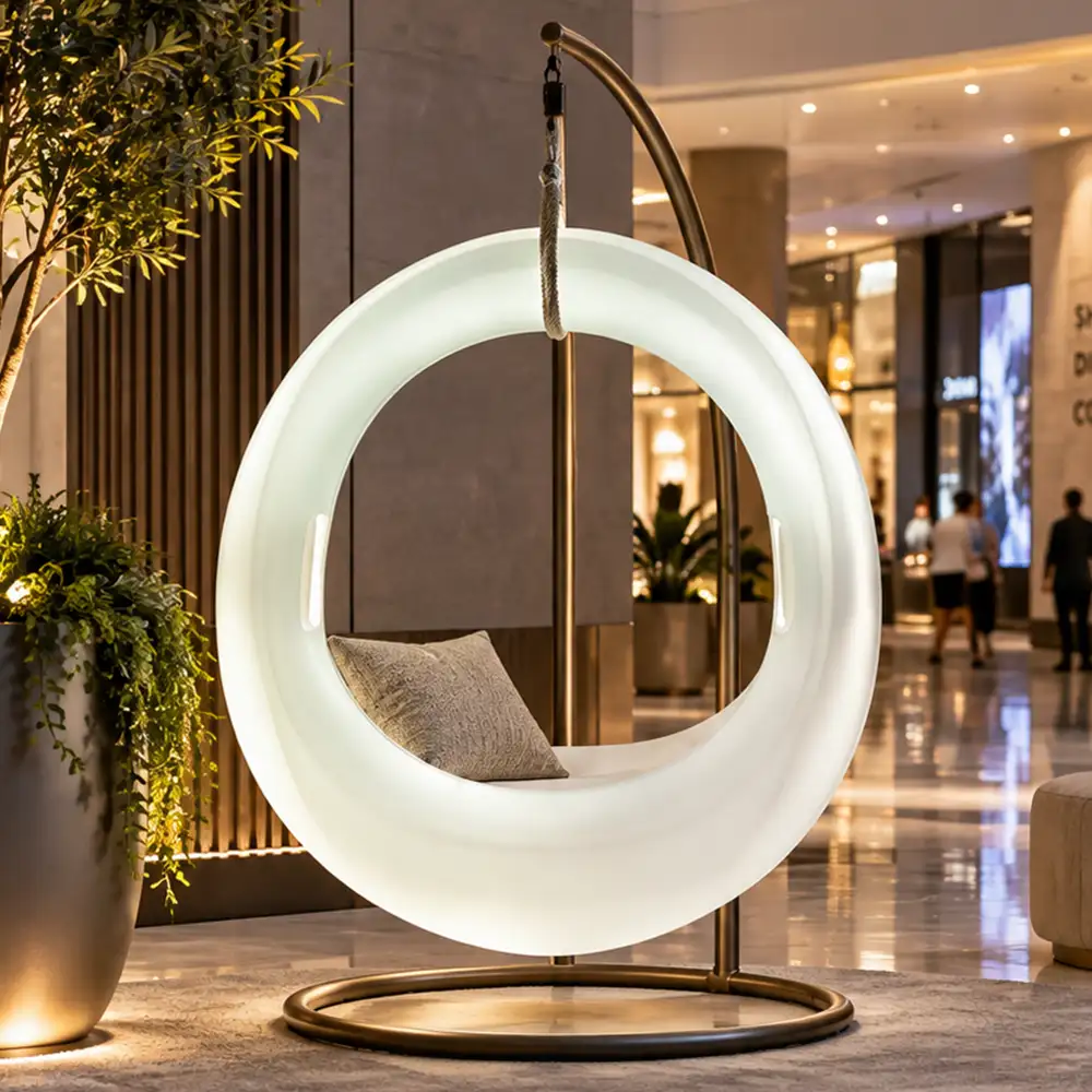 Milo Illuminated Garden Swing — LED outdoor swing in White Stone glowing in a garden at night