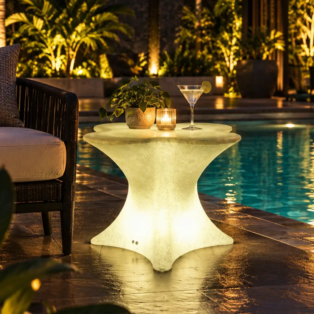 Tulum Illuminated Table — LED outdoor garden table in White Stone glowing at night
