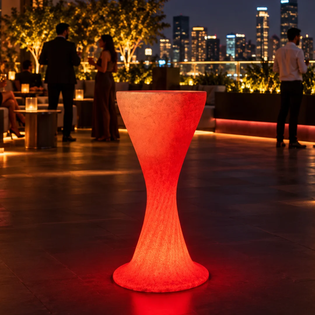 Sirocco Illuminated Bar Table, LED bar table in White Stone glowing on a rooftop terrace