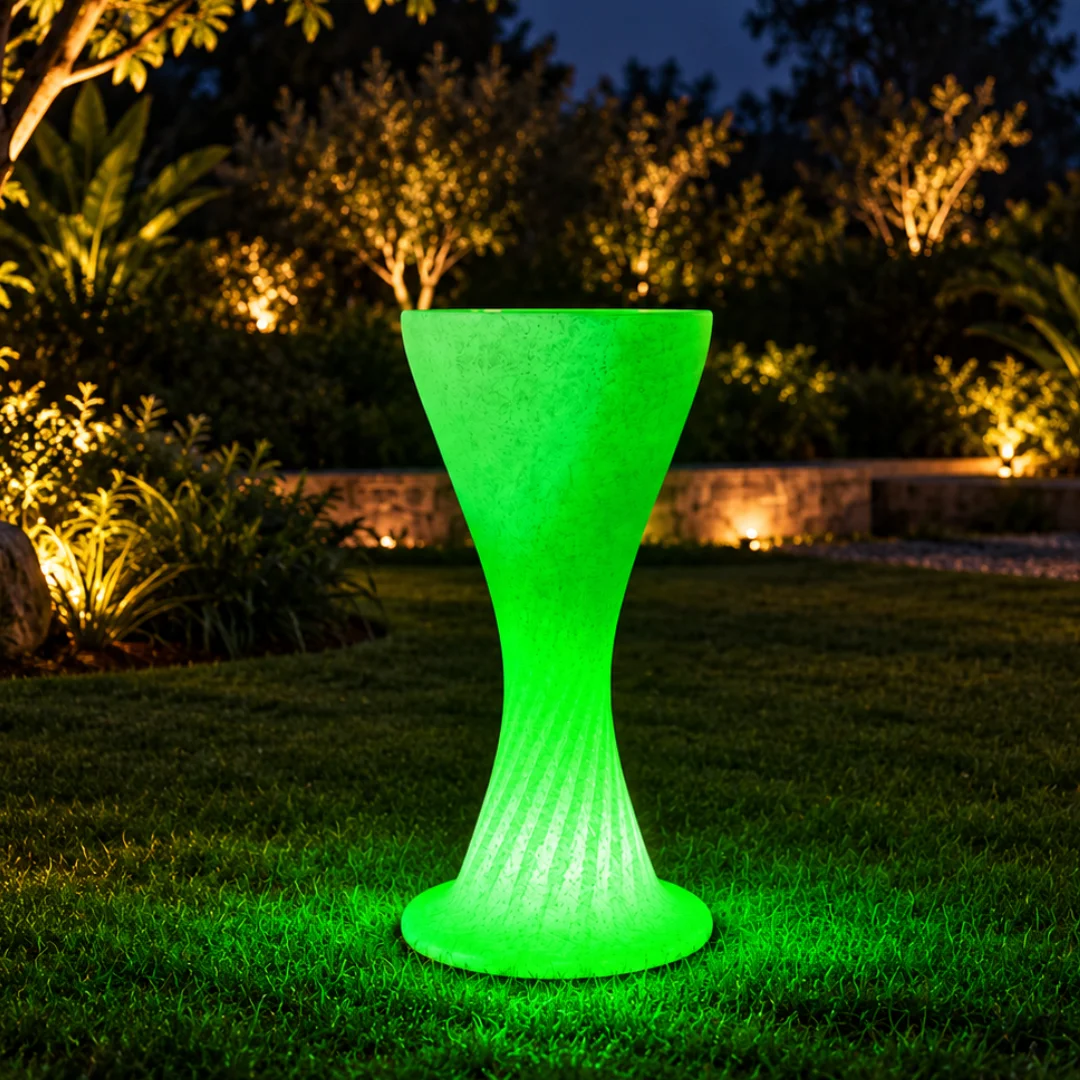 Sirocco Illuminated Bar Table, LED bar table in White Stone glowing on a rooftop terrace